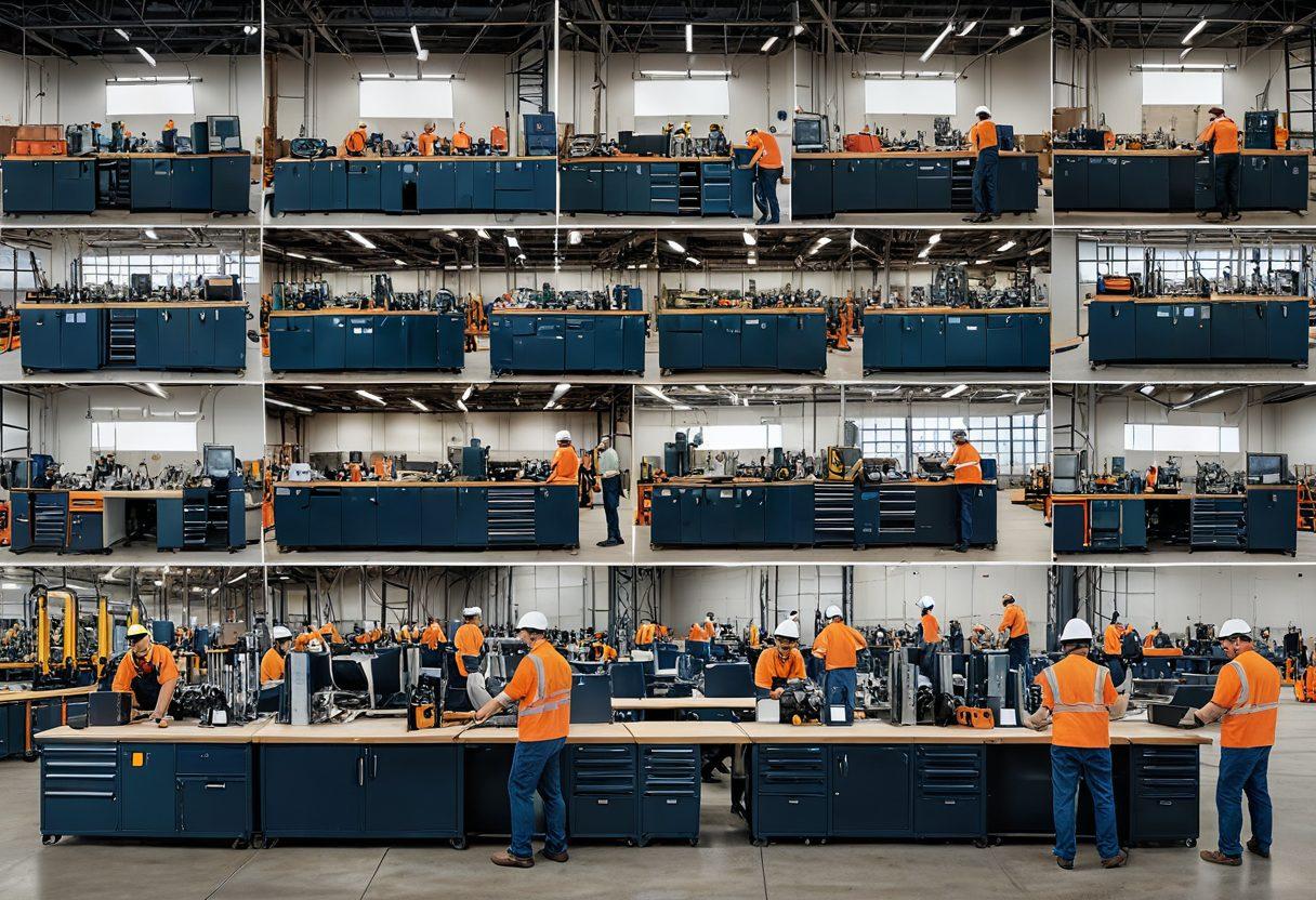 A dynamic collage showcasing the evolution of industrial supply, featuring an array of tools transitioning into modern leasing equipment. Include a diverse team of workers collaborating in a bright, industrial setting, symbolizing innovation and teamwork. Highlight branding elements subtly representing 'Equipco' throughout the scene. Use a blend of realistic textures with flat graphic styles to create depth. vibrant colors. super-realistic.