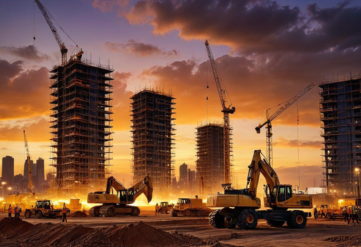 A powerful construction site scene showcasing advanced heavy machinery in action, including cranes and excavators. Bright orange and yellow colors dominate the image, symbolizing safety and energy, with workers collaborating and using cutting-edge technology. An inspiring skyline in the background, with a sunset casting dramatic shadows, highlighting the excitement of modern construction. super-realistic. vibrant colors. dynamic perspective.