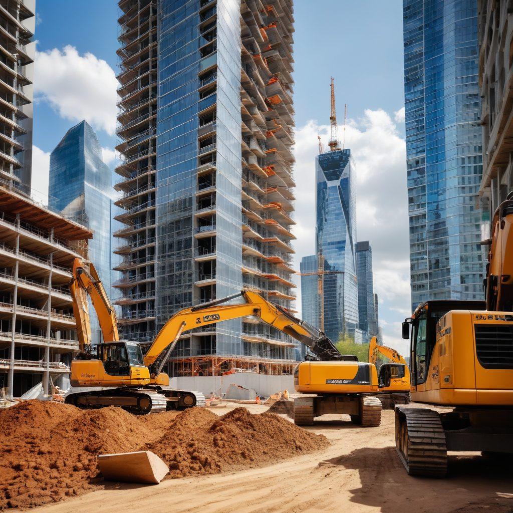 A dynamic construction site showcasing state-of-the-art tools and equipment in action, with professionals collaborating and using various advanced tools. The background features skyscrapers and building materials, symbolizing modern construction. Emphasize vibrant colors to highlight innovation and energy. Include the Equipco logo subtly in the corner, suggesting trust and reliability. super-realistic. vibrant colors.